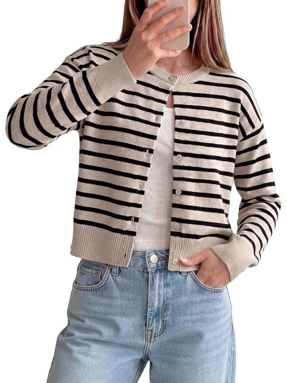 🆕Women Beige Stripe Cropped Knit Cardigan Sweater Crew Neck Button Front Jacket